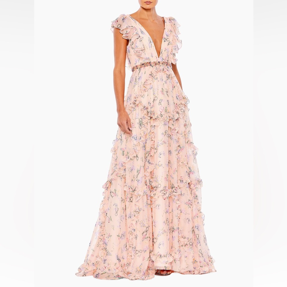 Mac Duggal Floral Ruffled Cap-Sleeve Gown - floral bridesmaids dress